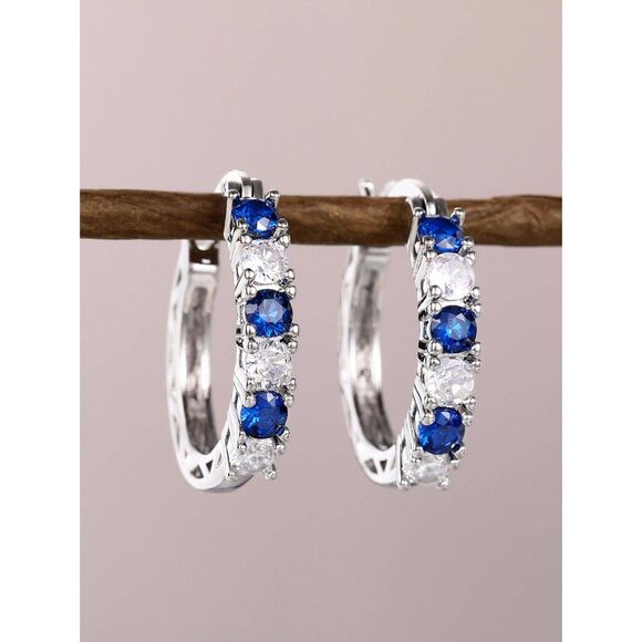 Sapphire Blue Cubic Zirconia Silver Hoop Earrings Classic Elegant Gemstone New - Picture 3 of 7